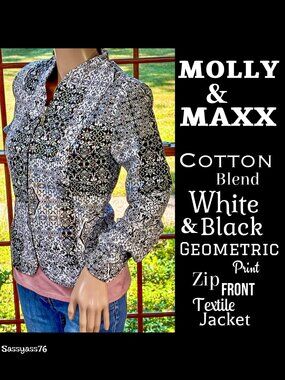 🆕MOLLY & MAXX▪️Cotton Blend White Black Geo Print Zip Front Textile Jacket